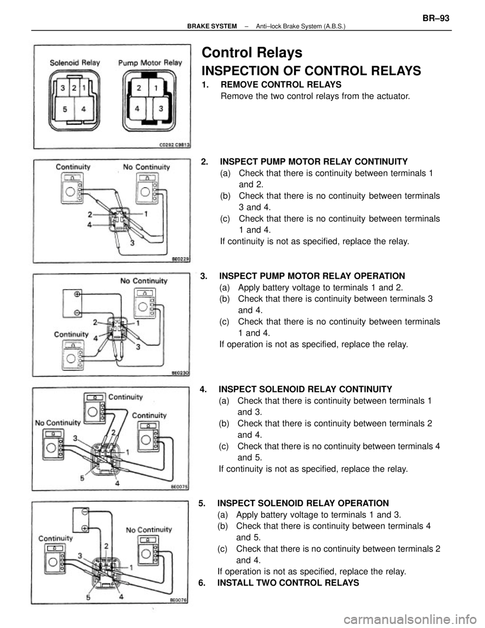TOYOTA CAMRY V20 1986  Service Information 5.  INSPECT SOLENOID RELAY OPERATION
(a)  Apply battery voltage to terminals 1 and 3.
(b)  Check that there is continuity between terminals 4
and 5.
(c)  Check that there is no continuity between term
