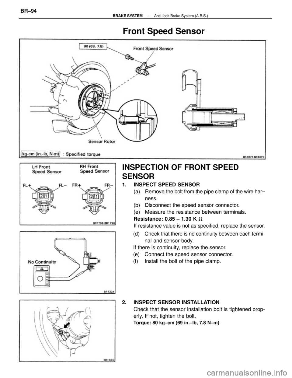 TOYOTA CAMRY V20 1986  Service Information INSPECTION OF FRONT SPEED
SENSOR
1.  INSPECT SPEED SENSOR
(a) Remove the bolt from the pipe clamp of the wire har±
ness.
(b)  Disconnect the speed sensor connector.
(e)  Measure the resistance betwee