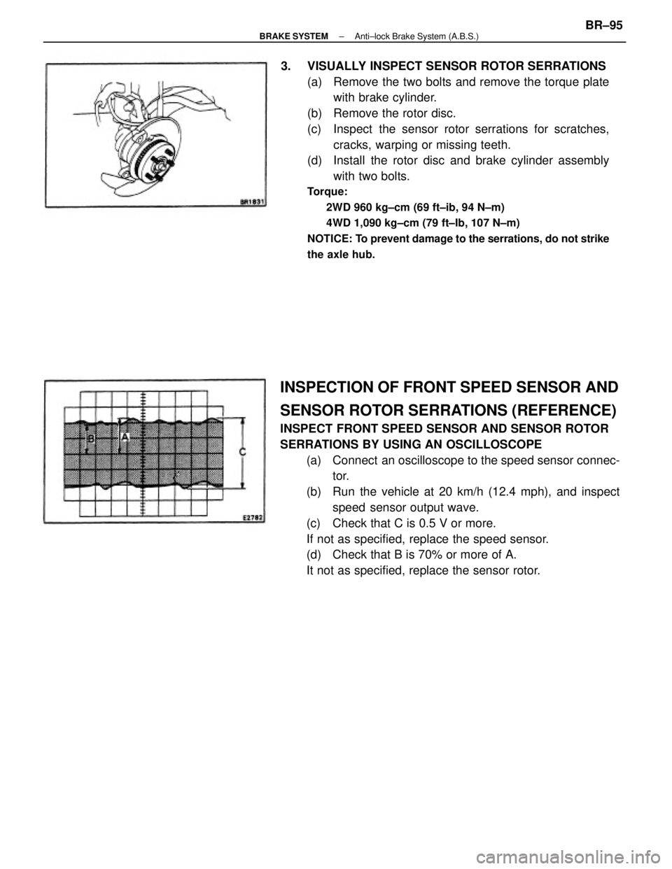 TOYOTA CAMRY V20 1986  Service Information INSPECTION OF FRONT SPEED SENSOR AND
SENSOR ROTOR SERRATIONS (REFERENCE)
INSPECT FRONT SPEED SENSOR AND SENSOR ROTOR
SERRATIONS BY USING AN OSCILLOSCOPE
(a)  Connect  an oscilloscope to the speed sens