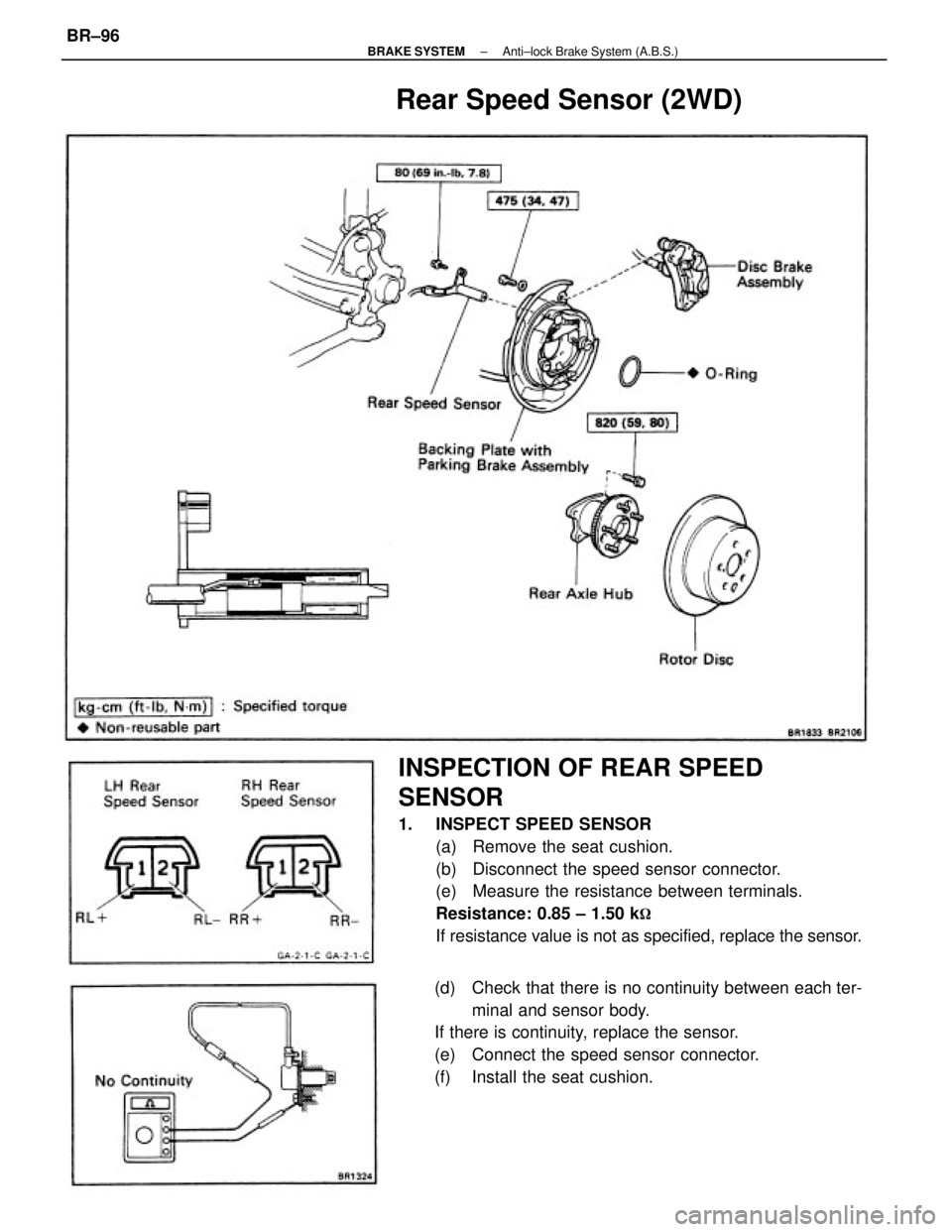 TOYOTA CAMRY V20 1986  Service Information INSPECTION OF REAR SPEED
SENSOR
1.  INSPECT SPEED SENSOR
(a)  Remove the seat cushion.
(b)  Disconnect the speed sensor connector.
(e)  Measure the resistance between terminals.
Resistance: 0.85 ± 1.