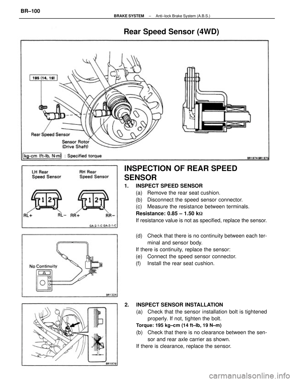 TOYOTA CAMRY V20 1986  Service Information INSPECTION OF REAR SPEED
SENSOR
1.  INSPECT SPEED SENSOR
(a)  Remove the rear seat cushion.
(b)  Disconnect the speed sensor connector.
(c)  Measure the resistance between terminals.
Resistance: 0.85 