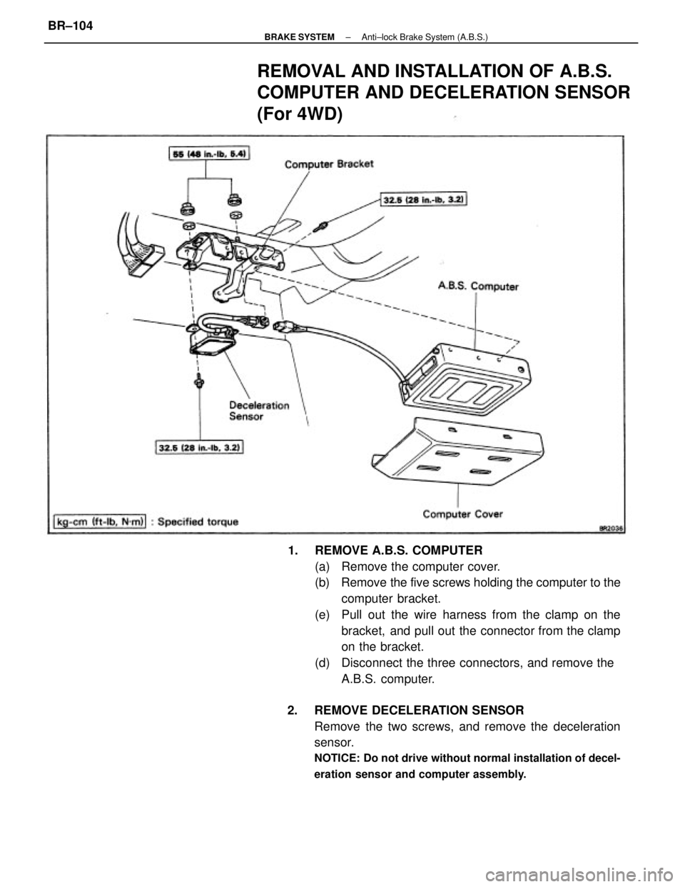 TOYOTA CAMRY V20 1986 Service Information 1. REMOVE A.B.S. COMPUTER
(a) Remove the computer cover.
(b) Remove the five screws holding the computer to the
computer bracket.
(e) Pull out the wire harness from the clamp on the
bracket, and p TOYOTA CAMRY V20 1986 Service Information 1. REMOVE A.B.S. COMPUTER
(a) Remove the computer cover.
(b) Remove the five screws holding the computer to the
computer bracket.
(e) Pull out the wire harness from the clamp on the
bracket, and p