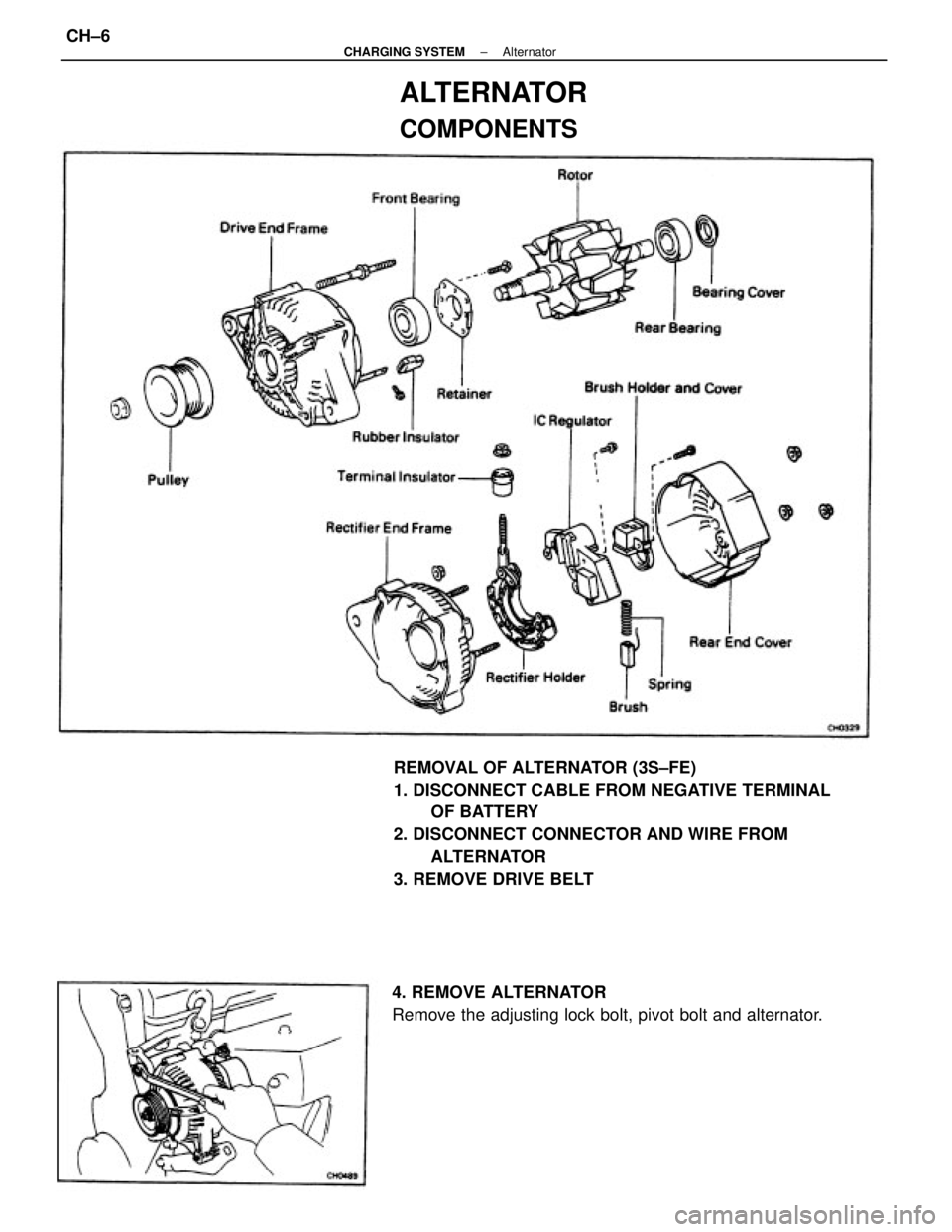 TOYOTA CAMRY V20 1986  Service Information REMOVAL OF ALTERNATOR (3S±FE)
1. DISCONNECT CABLE FROM NEGATIVE TERMINAL
OF BATTERY
2. DISCONNECT CONNECTOR AND WIRE FROM
ALTERNATOR
3. REMOVE DRIVE BELT
4. REMOVE ALTERNATOR
Remove the adjusting loc
