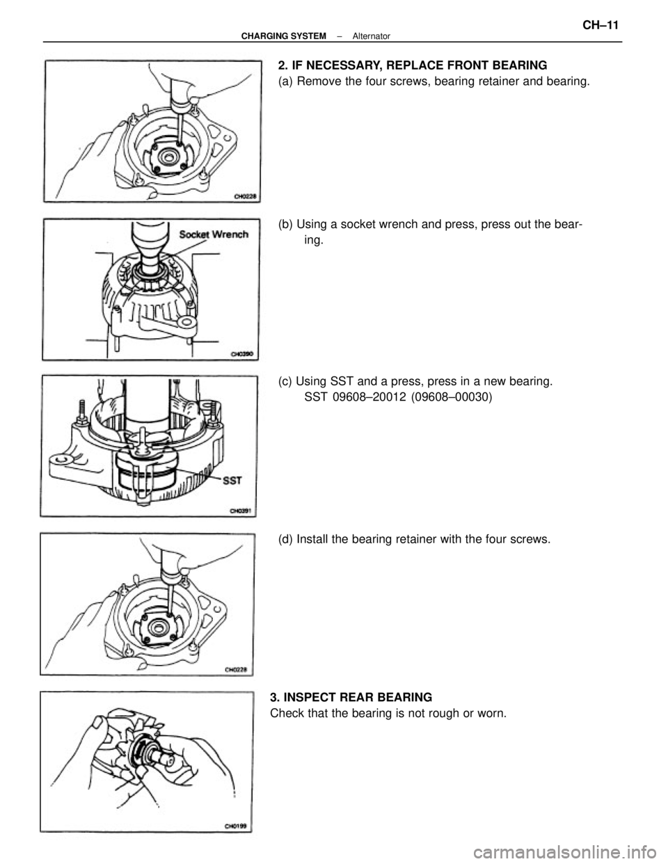 TOYOTA CAMRY V20 1986  Service Information 2. IF NECESSARY, REPLACE FRONT BEARING
(a) Remove the four screws, bearing retainer and bearing.
(c) Using SST and a press, press in a new bearing.
SST 09608±20012 (09608±00030)
3. INSPECT REAR BEAR