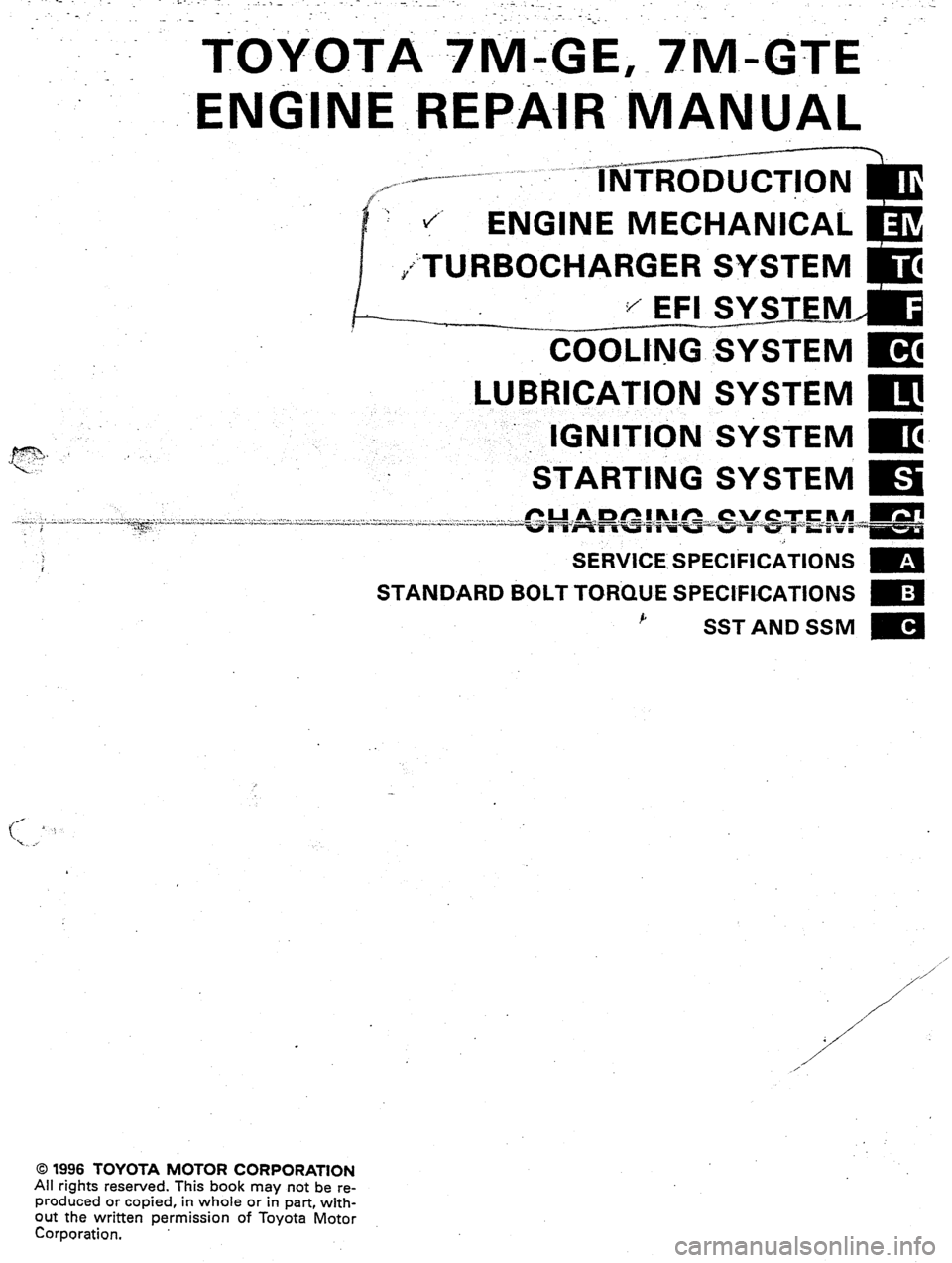 TOYOTA CELICA 1987  Service Repair Manual COOLtNG 
SYSTEM m 
SYSTEM m 
SVSTEM m 
SYSTEM m 
0 1996 TOYOTA MOTOR CORPORATION 
All rights reserved. This book may not be re- 
produced or copied, in whole or in part, with- 
out the written permiss