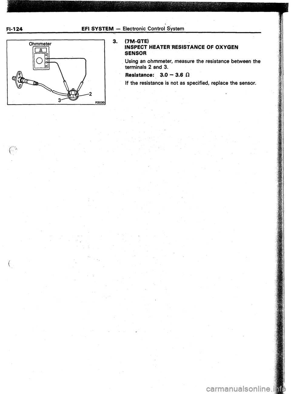 TOYOTA CELICA 1987  Service Repair Manual FI-124 EFI SYSTEM - Electronic Control System 
-. 
Ohmmeter 3. (‘IM-GTE) 
INSPECT HEATERAESISiANCE OF OXYGEN 
SENSOR 
Using an ohmmeter, measure the resistance between the 
terminals 2 and 3. 
R8SiS