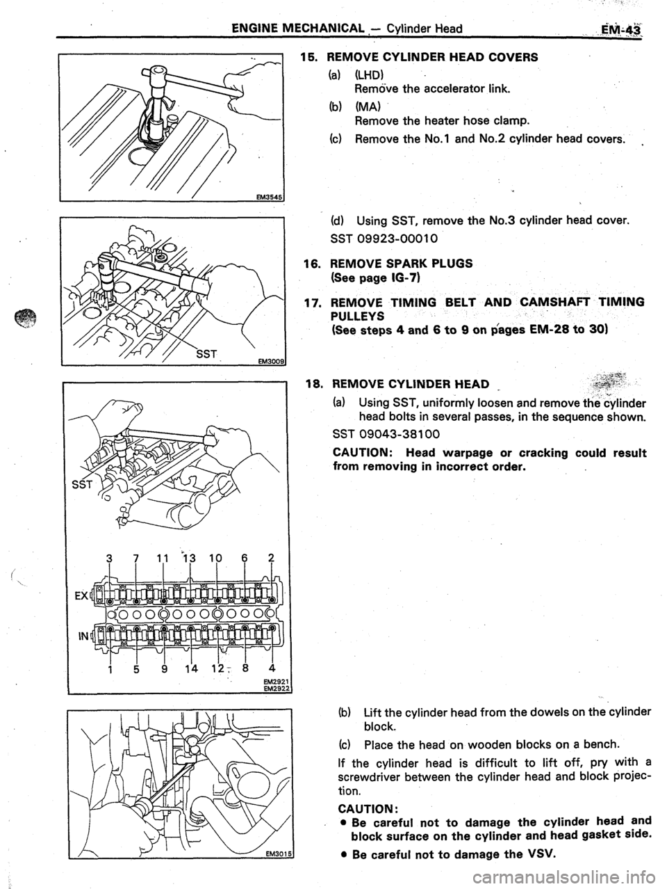 TOYOTA CELICA 1987  Service Repair Manual ENGINE MECHANICAL -- Cylinder Head 
I 
 
15. REMOVE CYLINDER HEAD COVERS 
(a) (LHD) 
Remove the accelerator link. 
(b) (MA) 
Remove the heater hose clamp. 
(c) Remove the No.1 and No.2 cylinder head c