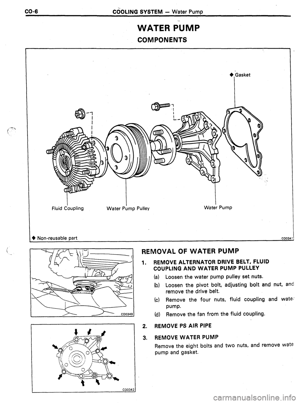 TOYOTA CELICA 1987  Service Owners Manual CO-6 
C6OLlNG SYSTEM - Water Puma 
WATER ilJMP 
COMPONENTS 
Fluid Ckqling Water P;lmp Pulley Water Pump 
+ Non-reusable part COOL3 
c REMOVAL OF WATER PUMP ._ 
1. REMOVE ALTERNATOR DRIVE BELT, FLUID 
