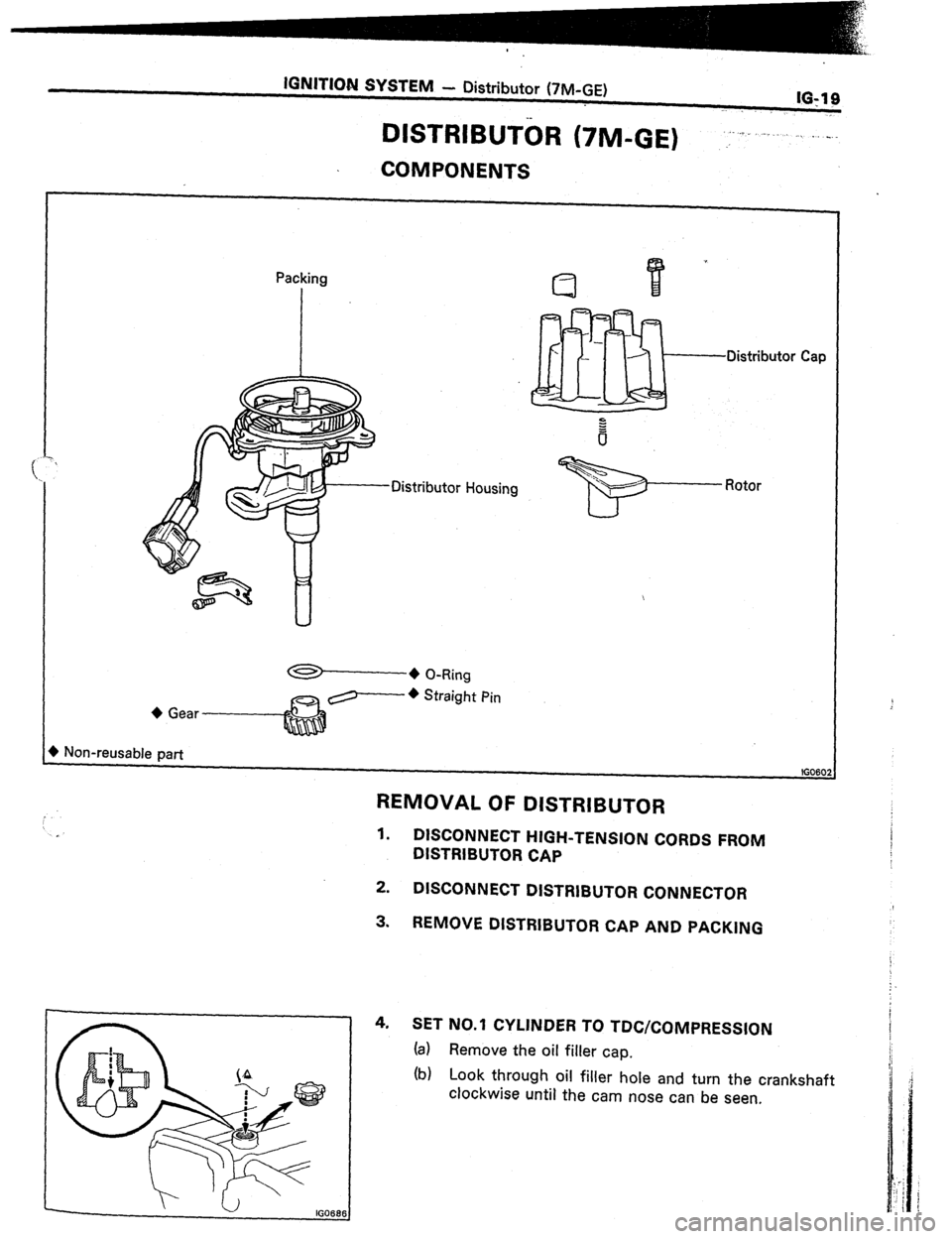 TOYOTA CELICA 1987  Service Repair Manual IGNITION SYSTEM - Distributor (7M-GE) 
D&bbR,B”T& (TM-GE) IO:19 
‘_:- ‘-. -I.. ..~ . -.. 
COMPONENTS 
Packing 
Distributor Cap 
+ O-Ring 
Q- l Straight Pin 
+ Gear 8 
Distributor Housing w- Roto