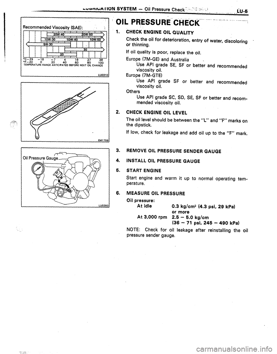 TOYOTA CELICA 1987  Service Repair Manual rutmwCiA rlON SYSTEM - Oil Pressure Che,ck’:q. .’ ‘f,“,; .! . ,_ _,, __ _ ,-tiu,e 
Recommended 
Viscositv (SAE): 
I 1 1 1 h T-29 -,a 7 “F-20 0 TEMPEAATURE LY 
I I b I I I I 
I 
z 4 16 36 
/ 