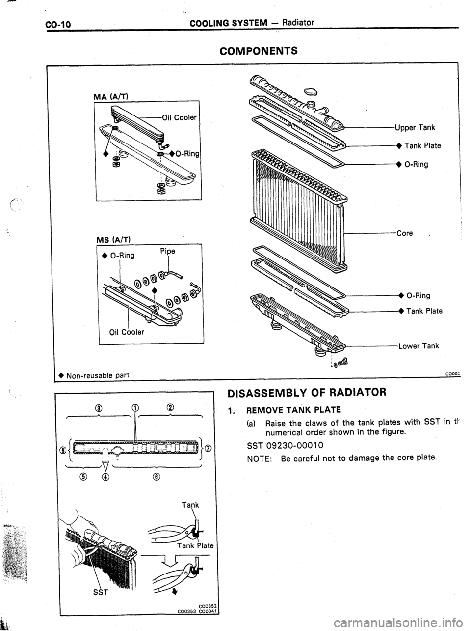 TOYOTA CELICA 1987  Service Owners Manual CO-IO 
-. 
COOLING SYSTEM - Radiatpr 
. . 
COMPONENTS 
IA (A/T) 
MS (A/T) 
+ O-Ring 
I 
Oil Cooler Pipe 
I 
1 
Upper Tank 
-+ Tank Plate 
,+ 0-Rina 
I I I I 
I I I I I I I I I I I ICore 
Lower 
Tank 

