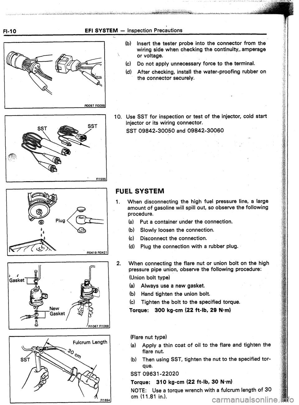 TOYOTA CELICA 1987  Service Repair Manual FI-10 EFI SYSTEM - inspection Precautions 
L Fco97 FlOO91 
I 
. FI159 
i. 4 Gasket 
New 
‘Gasket 
I / FM067 FHOE 
Fulcrum Length 
19 
54 
-. 
(b) insert the tester probe into the connector from the 