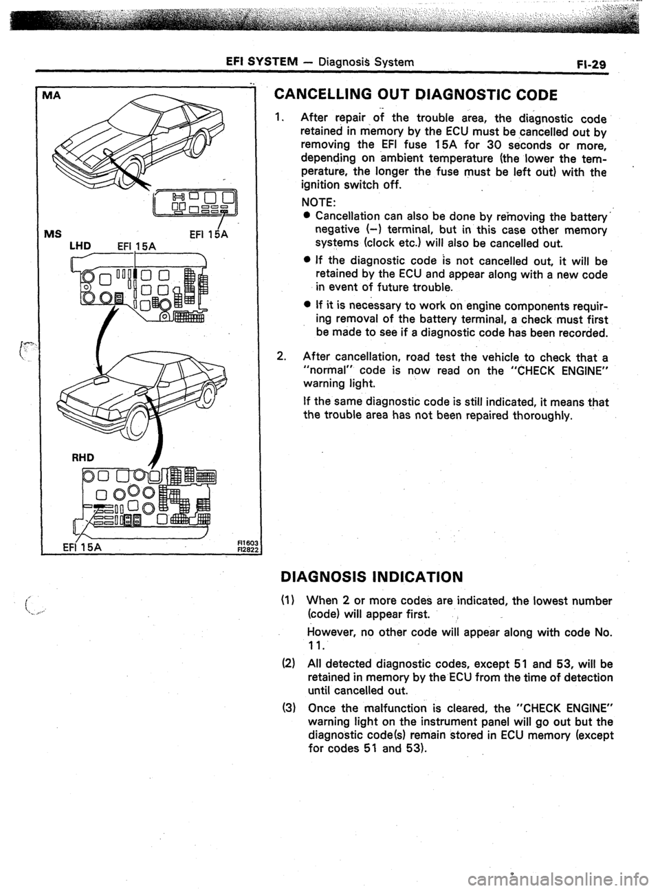 TOYOTA CELICA 1987  Service Manual PDF EFI SYSTEM - Diagnosis System FI-29 
MS EFI 15iA 
LHD 
EFI 15A 
EFI 15A 
R16C 
FI26: 
CANCELLING OUT DIAGNOSTIC CODE 
1. 
2. After repair of the trouble area, the diagnostic code 
retained in memory b