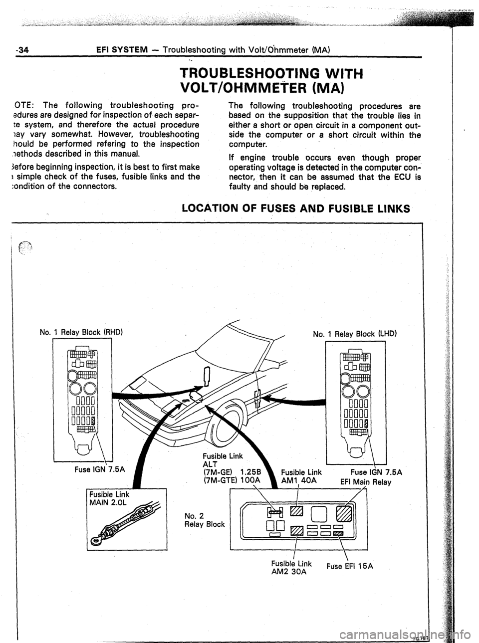 TOYOTA CELICA 1987  Service Manual PDF -34 EFI SYSTEM - Troubleshooting with Volt/dhmmeter (MA) 
. . 
TROUBLESHOOTING WITH 
VOLT/OHMMETER (MA) 
OTE: The following troubleshooting pro- 
sdures are designed for inspection of each separ- 
te 