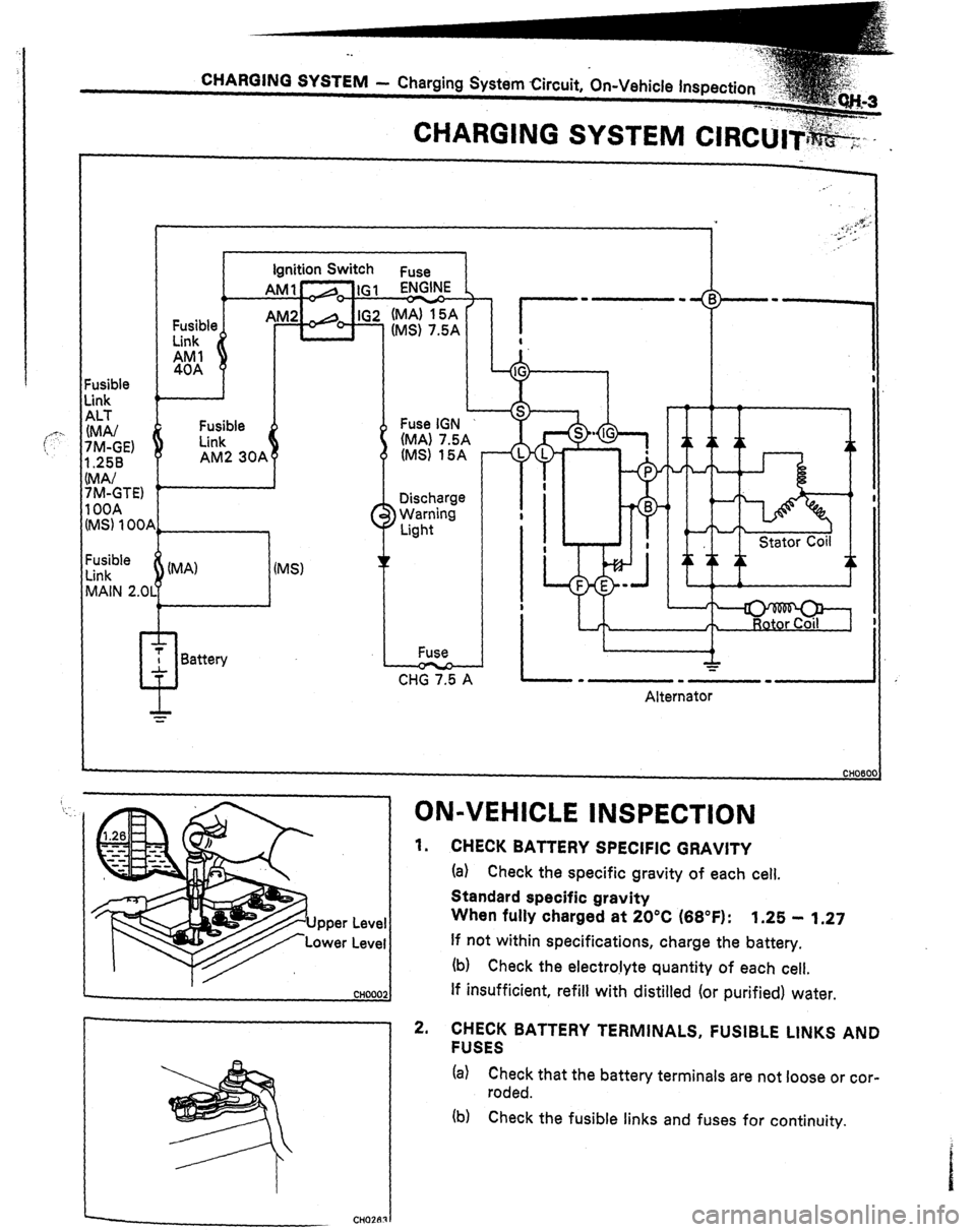 TOYOTA CELICA 1987  Service Repair Manual :usible 
.ink 
4LT 
MA/ 
‘M-GE) 
,258 Ignition Switch 
Fuse 
AM2 -0p IG2 (MA) 15~4 
c (MS) 7.5A 
Fusible 
Link 
AM2 30A 
:usible 
-ink 
I (MA) 
I/IAIN 2.OL (MS) 
T Battery 
P 
/ 
CHG 7.5 A 
I 
i 
8 
