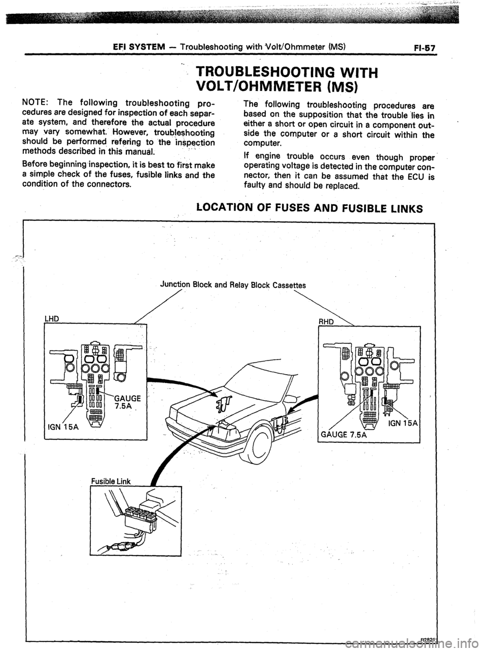 TOYOTA CELICA 1987  Service Owners Manual EFI SYSTEM - Troubleshooting with Volt/Ohmmeter (MS) FI-57 
-. 
TROUBLESHOOTING WITH 
VOLT/OHMMETER (MS) 
NOTE: The following troubleshooting pro- 
cedures are designed for inspection of each separ- 
