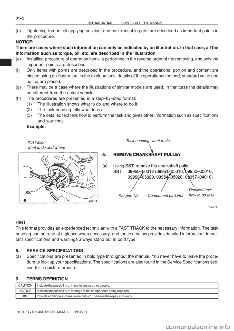 TOYOTA COROLLA VERSO 2004  Service Repair Manual Illustration:
what to do and whereTask heading: what to do
Detailed text:
how to do task
Set part No.Component part No.
A59974
01±2
± INTRODUCTIONHOW TO USE THIS MANUAL
1CD±FTV ENGINE REPAIR MANUAL