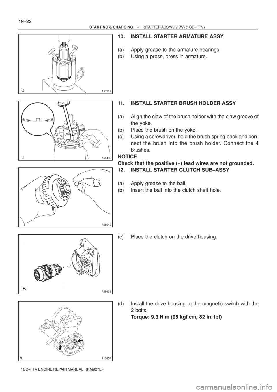 TOYOTA COROLLA VERSO 2004  Service Repair Manual A51212
A55483
A55646
A55635
B13607
19±22
± STARTING & CHARGINGSTARTER ASSY(2.2KW) (1CD±FTV)
1CD±FTV ENGINE REPAIR MANUAL   (RM927E)
10. INSTALL STARTER ARMATURE ASSY
(a) Apply grease to the armatu