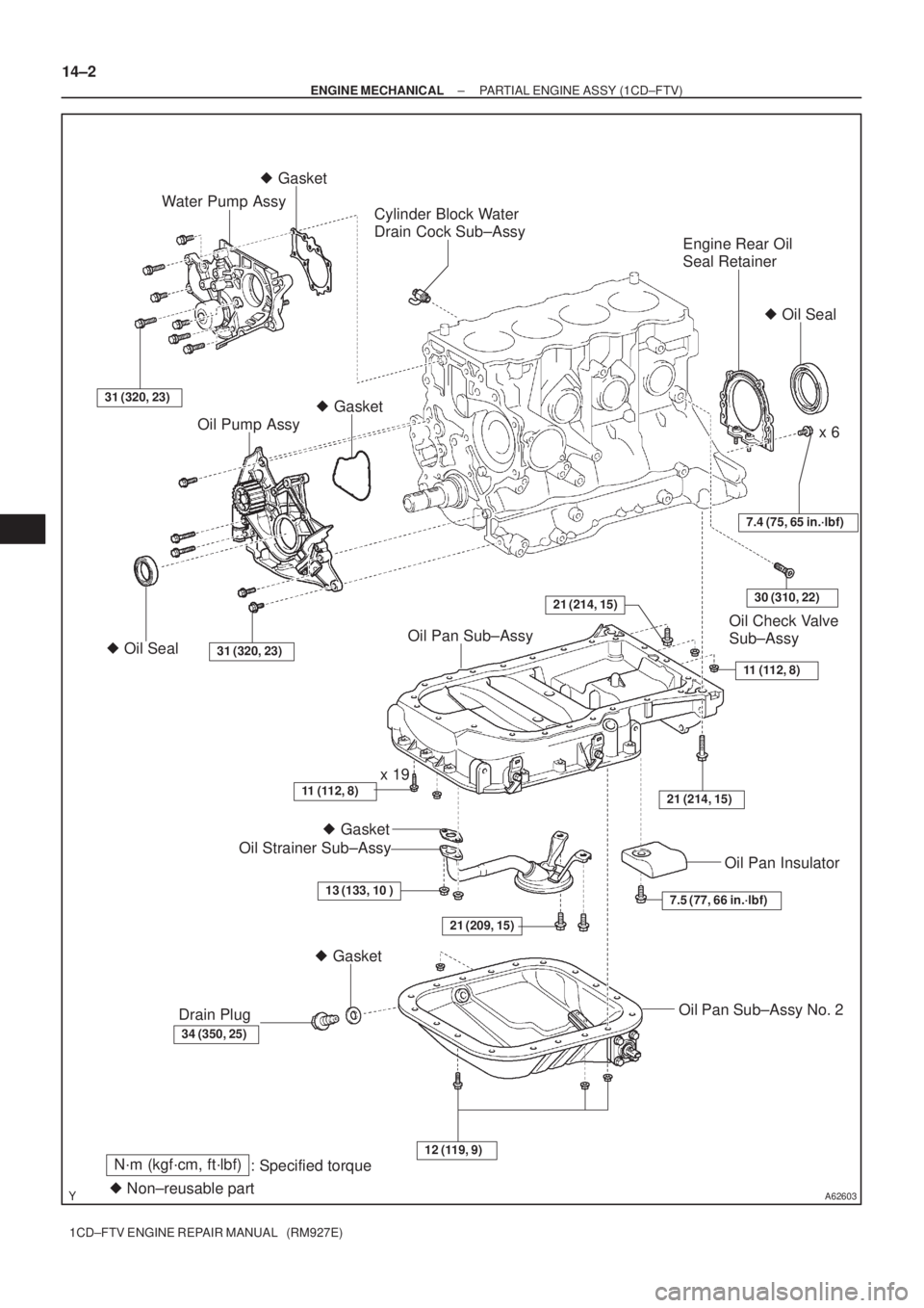 TOYOTA COROLLA VERSO 2004  Service Service Manual A62603
Engine Rear Oil 
Seal Retainer
Oil Check Valve 
Sub±Assy
Cylinder Block Water 
Drain Cock Sub±Assy
31 (320, 23)
Water Pump Assy
21 (209, 15)
 Gasket  Gasket
x 6
 Gasket
 Oil Seal
Oil Pump