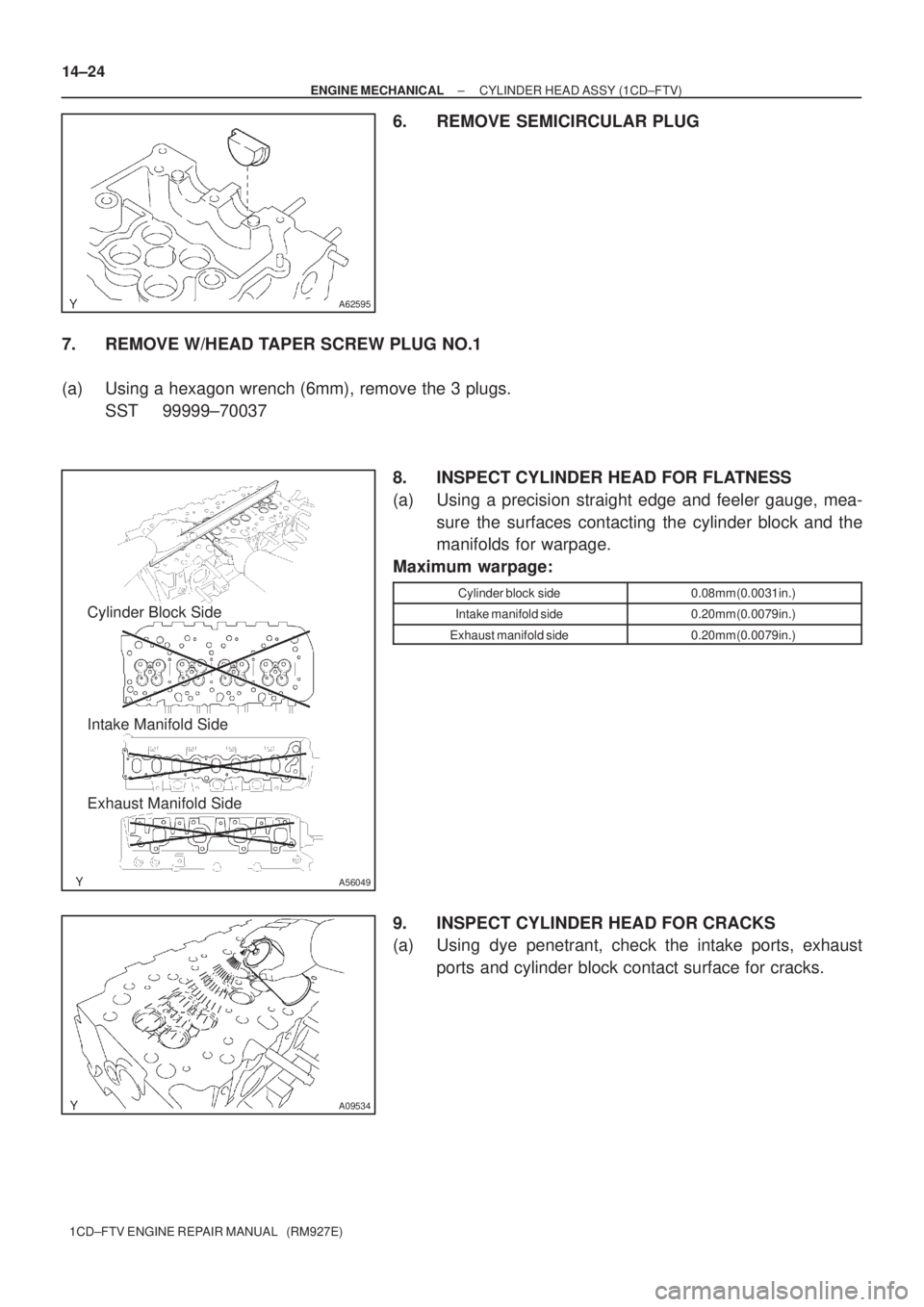 TOYOTA COROLLA VERSO 2004  Service Manual PDF A62595
A56049
Cylinder Block Side
Intake Manifold Side
Exhaust Manifold Side
A09534
14±24
± ENGINE MECHANICALCYLINDER HEAD ASSY (1CD±FTV)
1CD±FTV ENGINE REPAIR MANUAL   (RM927E)
6. REMOVE SEMICIRC