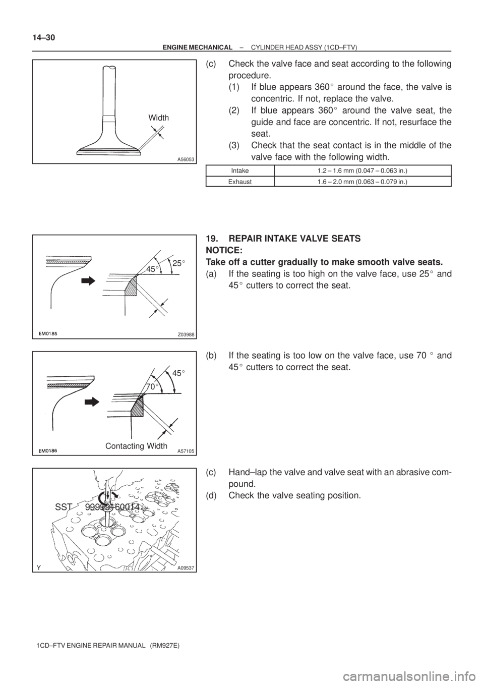 TOYOTA COROLLA VERSO 2004  Service Repair Manual A56053
Width
4525
Z03988
45
70
A57105Contacting Width
A09537
14±30
± ENGINE MECHANICALCYLINDER HEAD ASSY (1CD±FTV)
1CD±FTV ENGINE REPAIR MANUAL   (RM927E)
(c) Check the valve face and seat acc