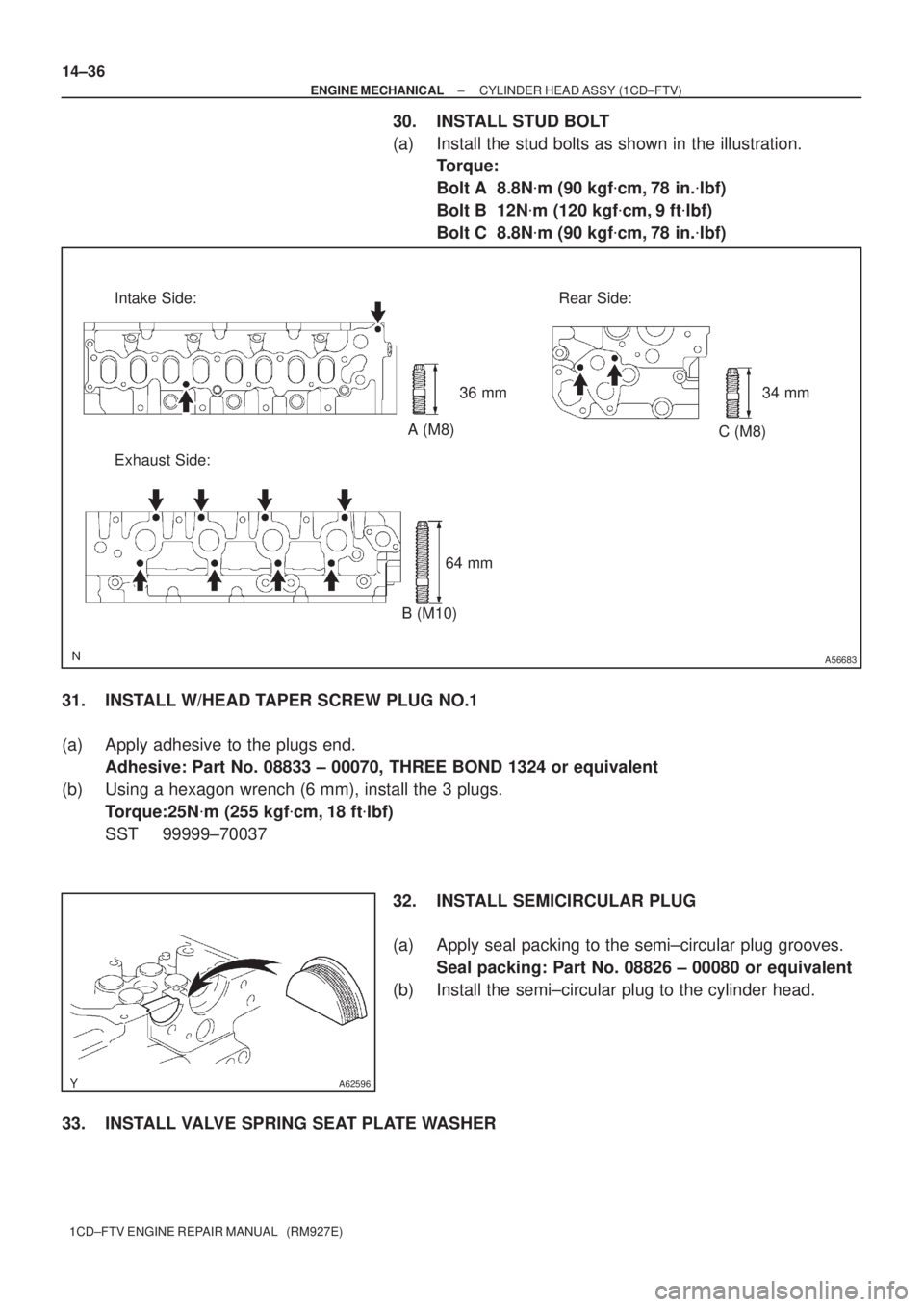 TOYOTA COROLLA VERSO 2004  Service Manual PDF A56683
Intake Side: Rear Side:
Exhaust Side:A (M8)
B (M10)C (M8) 36 mm
64 mm34 mm
A62596
14±36
± ENGINE MECHANICALCYLINDER HEAD ASSY (1CD±FTV)
1CD±FTV ENGINE REPAIR MANUAL   (RM927E)
30. INSTALL S