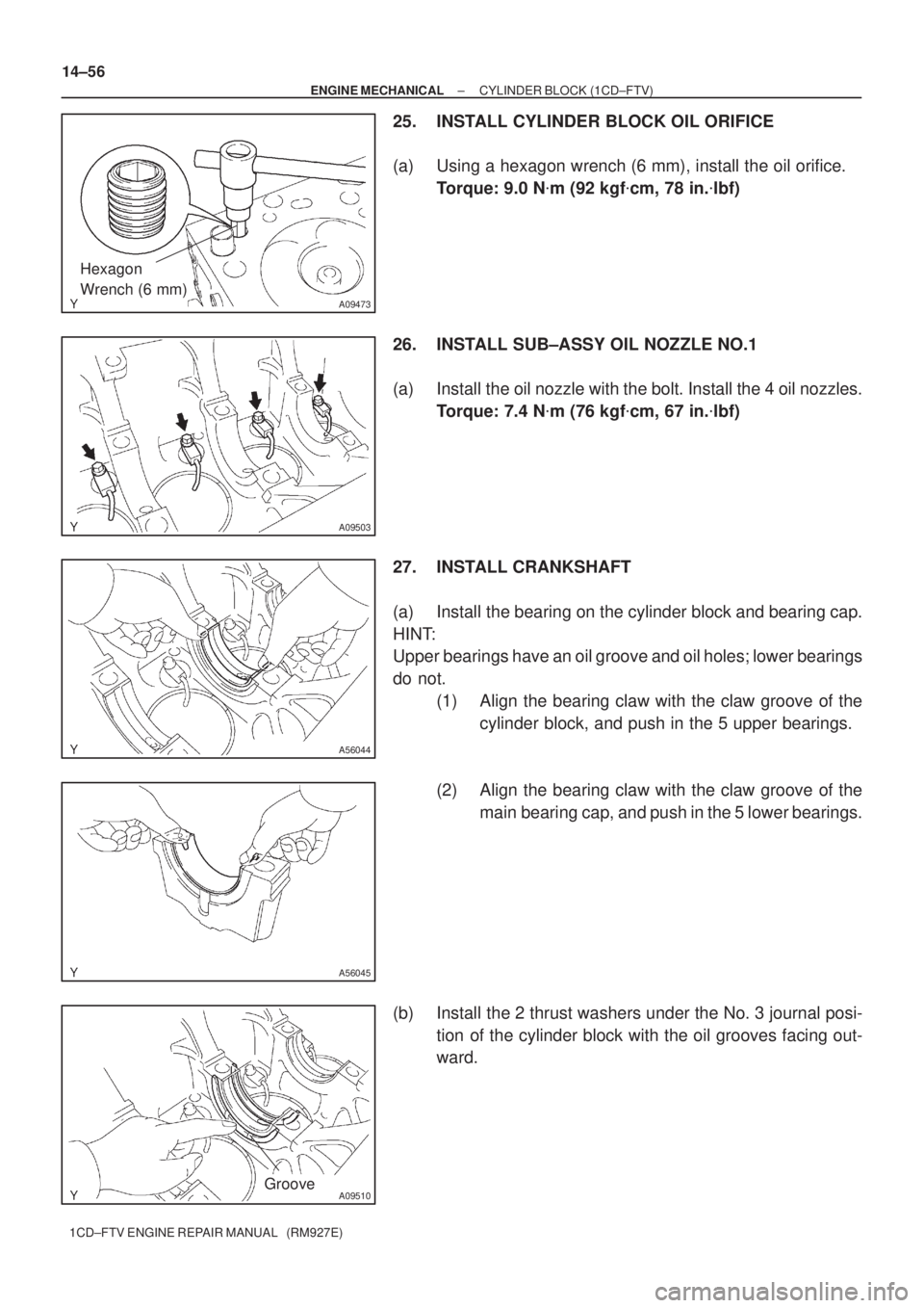 TOYOTA COROLLA VERSO 2004  Service Owners Manual A09473
Hexagon 
Wrench (6 mm)
A09503
A56044
A56045
A09510Groove
14±56
± ENGINE MECHANICALCYLINDER BLOCK (1CD±FTV)
1CD±FTV ENGINE REPAIR MANUAL   (RM927E)
25. INSTALL CYLINDER BLOCK OIL ORIFICE
(a)