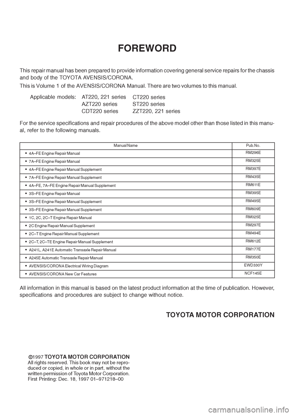 TOYOTA CORONA 1997 Service Repair Manual TOYOTA CORONA 1997 Service Repair Manual
