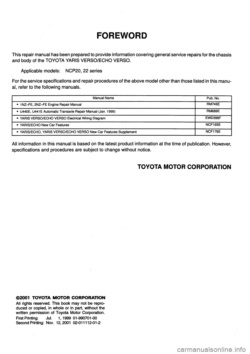 TOYOTA VERSO 1999 Repair Manual TOYOTA VERSO 1999 Repair Manual