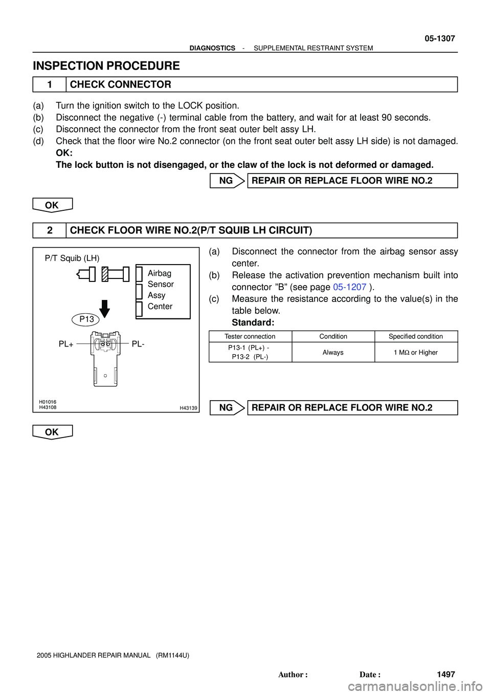 TOYOTA HIGHLANDER 2001  Service Repair Manual H01016H43108H43139
P/T Squib (LH)
PL- PL+Airbag
Sensor
Assy 
Center
P13
- DIAGNOSTICSSUPPLEMENTAL RESTRAINT SYSTEM
05-1307
1497 Author: Date:
2005 HIGHLANDER REPAIR MANUAL   (RM1144U)
INSPECTION PRO