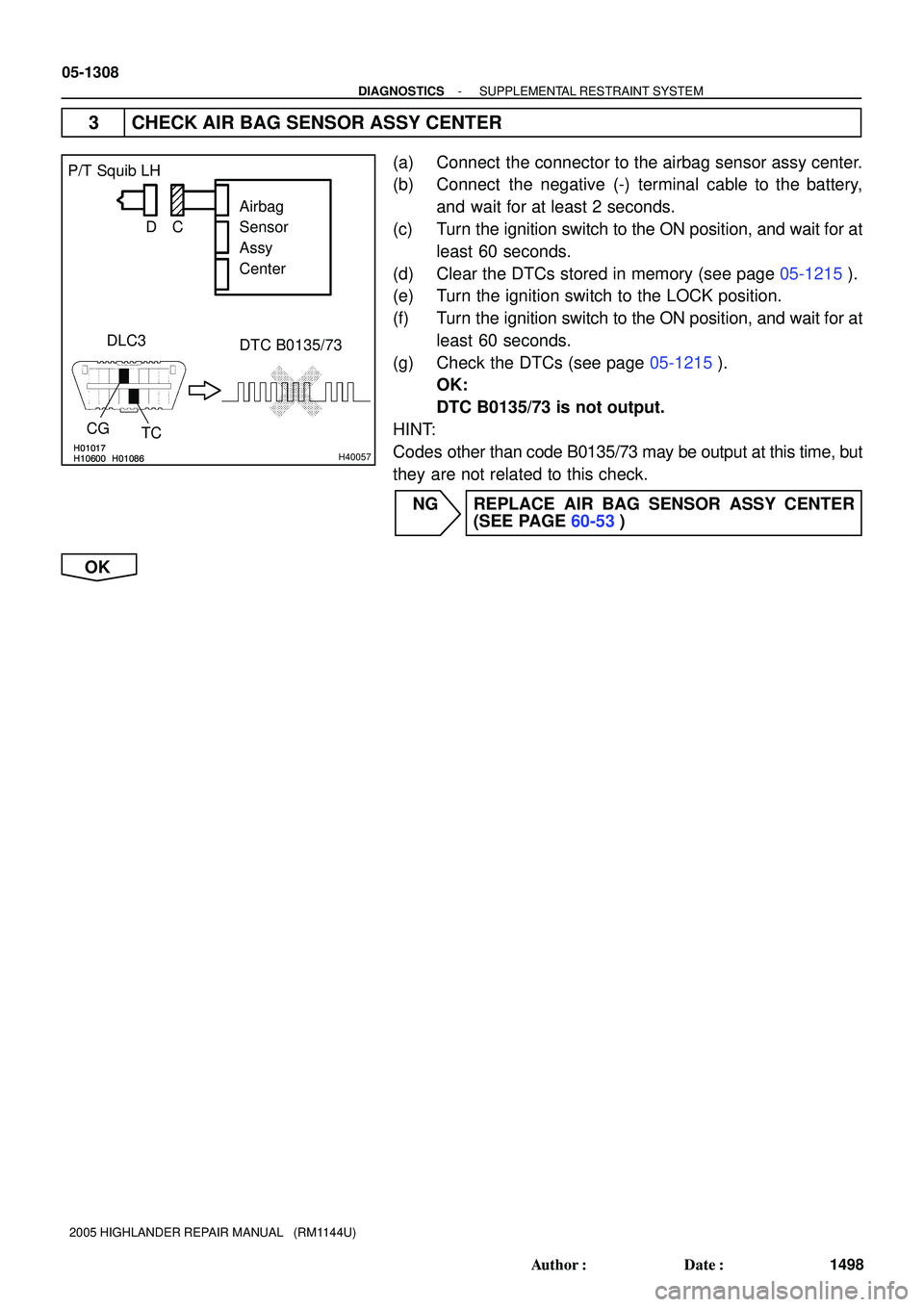 TOYOTA HIGHLANDER 2001  Service Repair Manual H10600H01017H01086H10600H01017H01086H40057
P/T Squib LH
DLC3
TC CG
DTC B0135/73 Airbag
Sensor
Assy 
Center C D
05-1308
- DIAGNOSTICSSUPPLEMENTAL RESTRAINT SYSTEM
1498 Author: Date:
2005 HIGHLANDER R
