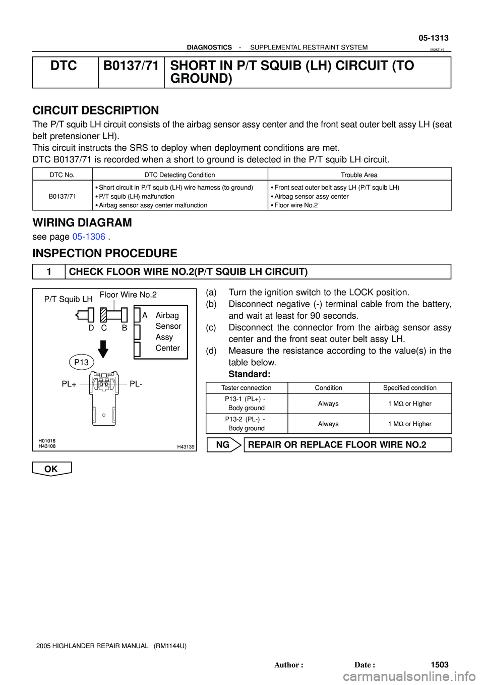 TOYOTA HIGHLANDER 2001  Service Repair Manual H01016H43108H01016H43108H43139
P/T Squib LH
PL- PL+Airbag
Sensor
Assy 
CenterFloor Wire No.2
A
B C D
P13
- DIAGNOSTICSSUPPLEMENTAL RESTRAINT SYSTEM
05-1313
1503 Author: Date:
2005 HIGHLANDER REPAIR 