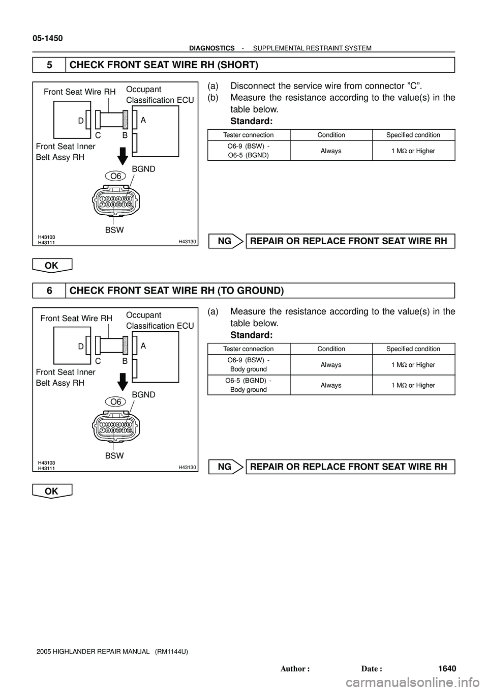 TOYOTA HIGHLANDER 2001  Service Repair Manual H43103H43111H43103H43111H43130
BGND Front Seat Inner
Belt Assy RHFront Seat Wire RHOccupant
Classification ECU
CB DA
BSW
O6
H43103H43111H43103H43111H43130
BGND Front Seat Inner
Belt Assy RHFront Seat 