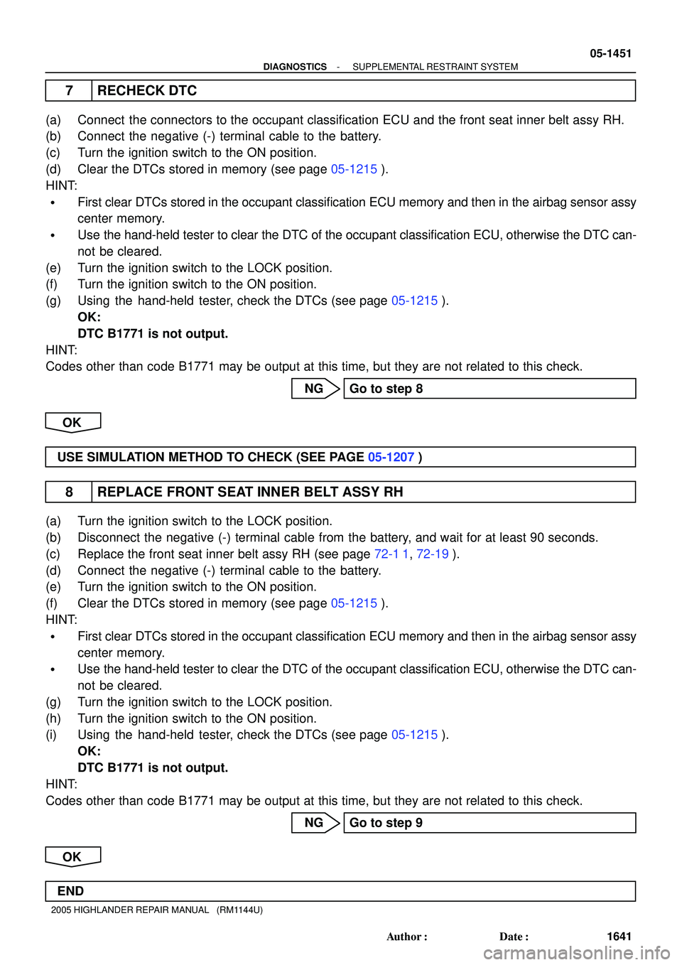 TOYOTA HIGHLANDER 2001  Service Repair Manual - DIAGNOSTICSSUPPLEMENTAL RESTRAINT SYSTEM
05-1451
1641 Author: Date:
2005 HIGHLANDER REPAIR MANUAL   (RM1144U)
7 RECHECK DTC
(a) Connect  the connectors to the occupant classification ECU and the f