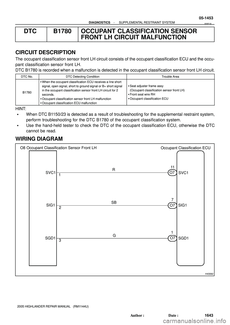 TOYOTA HIGHLANDER 2001  Service Repair Manual H43062
O7
2 1
SBR11
SVC1
SIG1
3G
SGD1 O7 O7 O8 Occupant Classification Sensor Front LH
Occupant Classification ECU
7
1 SVC1
SIG1
SGD1
- DIAGNOSTICSSUPPLEMENTAL RESTRAINT SYSTEM
05-1453
1643 Author: D