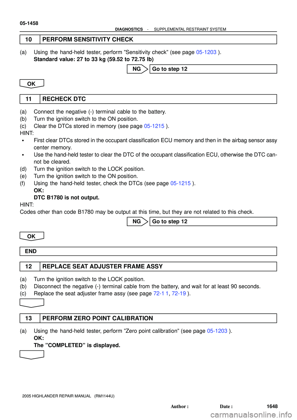 TOYOTA HIGHLANDER 2001  Service Repair Manual 05-1458
- DIAGNOSTICSSUPPLEMENTAL RESTRAINT SYSTEM
1648 Author: Date:
2005 HIGHLANDER REPAIR MANUAL   (RM1144U)
10 PERFORM SENSITIVITY CHECK
(a) Using  the  hand-held  tester, perform ºSensitivity 