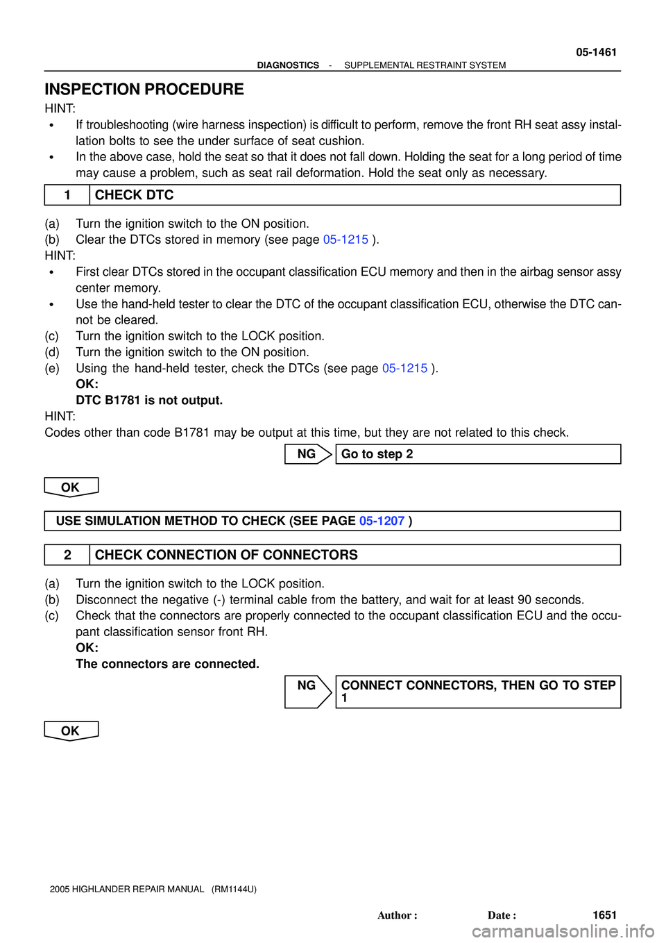 TOYOTA HIGHLANDER 2001  Service Repair Manual - DIAGNOSTICSSUPPLEMENTAL RESTRAINT SYSTEM
05-1461
1651 Author: Date:
2005 HIGHLANDER REPAIR MANUAL   (RM1144U)
INSPECTION PROCEDURE
HINT:
If troubleshooting (wire harness inspection) is difficult 