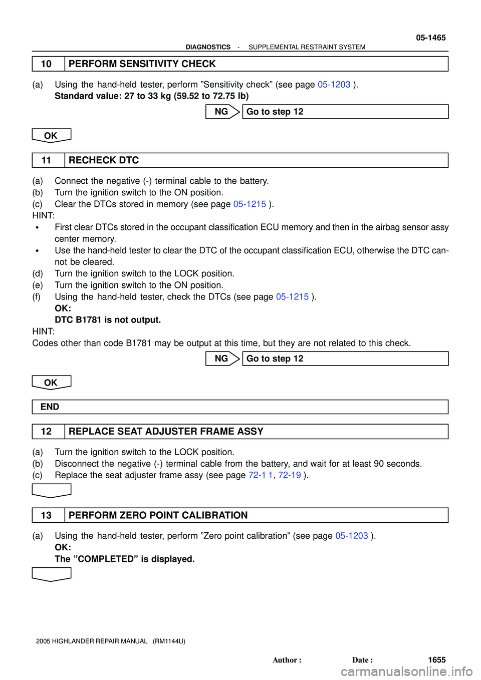 TOYOTA HIGHLANDER 2001  Service Repair Manual - DIAGNOSTICSSUPPLEMENTAL RESTRAINT SYSTEM
05-1465
1655 Author: Date:
2005 HIGHLANDER REPAIR MANUAL   (RM1144U)
10 PERFORM SENSITIVITY CHECK
(a) Using  the  hand-held  tester, perform ºSensitivity 