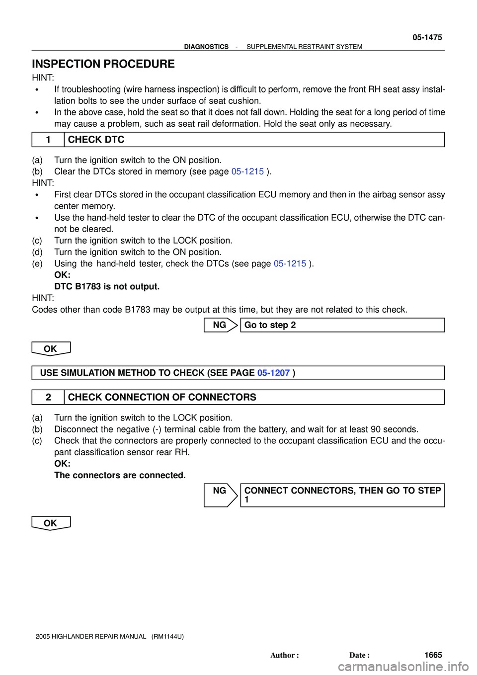 TOYOTA HIGHLANDER 2001  Service Repair Manual - DIAGNOSTICSSUPPLEMENTAL RESTRAINT SYSTEM
05-1475
1665 Author: Date:
2005 HIGHLANDER REPAIR MANUAL   (RM1144U)
INSPECTION PROCEDURE
HINT:
If troubleshooting (wire harness inspection) is difficult 