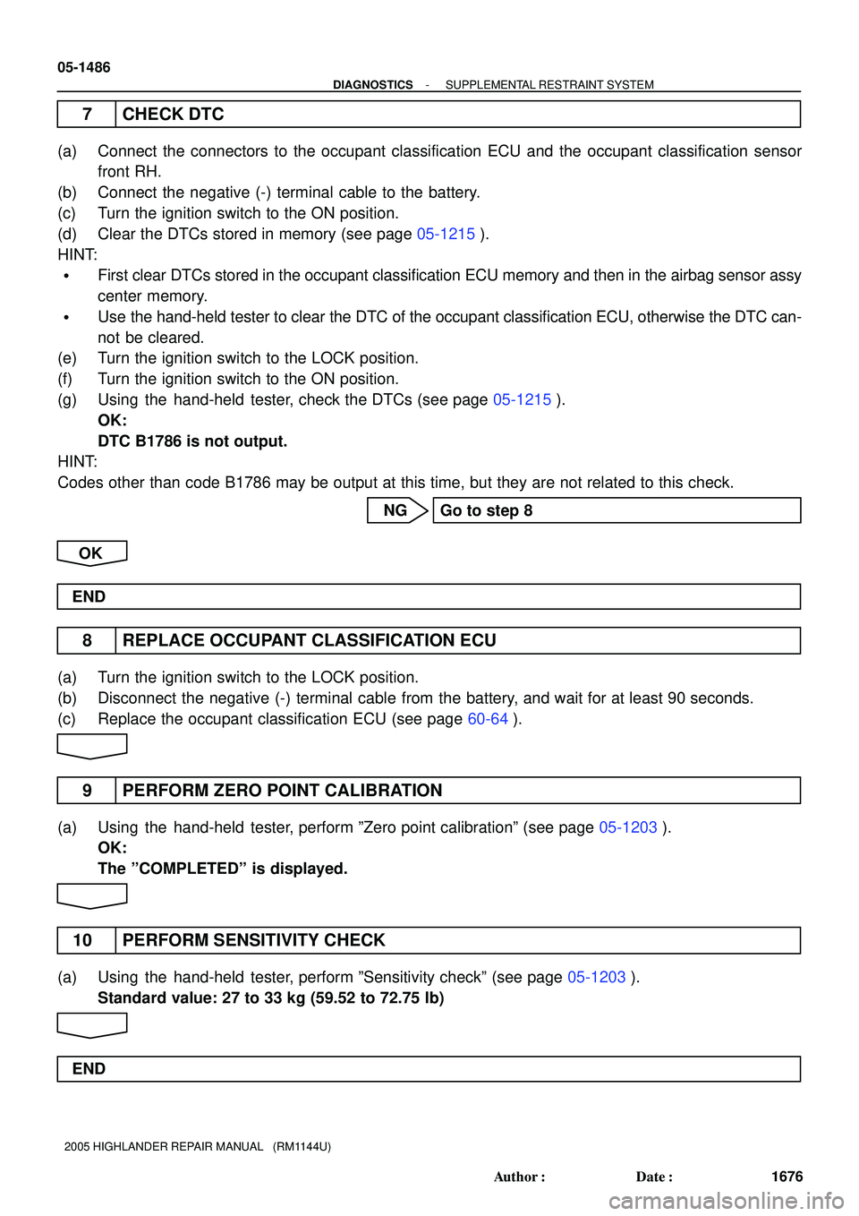 TOYOTA HIGHLANDER 2001  Service Repair Manual 05-1486
- DIAGNOSTICSSUPPLEMENTAL RESTRAINT SYSTEM
1676 Author: Date:
2005 HIGHLANDER REPAIR MANUAL   (RM1144U)
7 CHECK DTC
(a) Connect the connectors to the occupant classification ECU and the occu