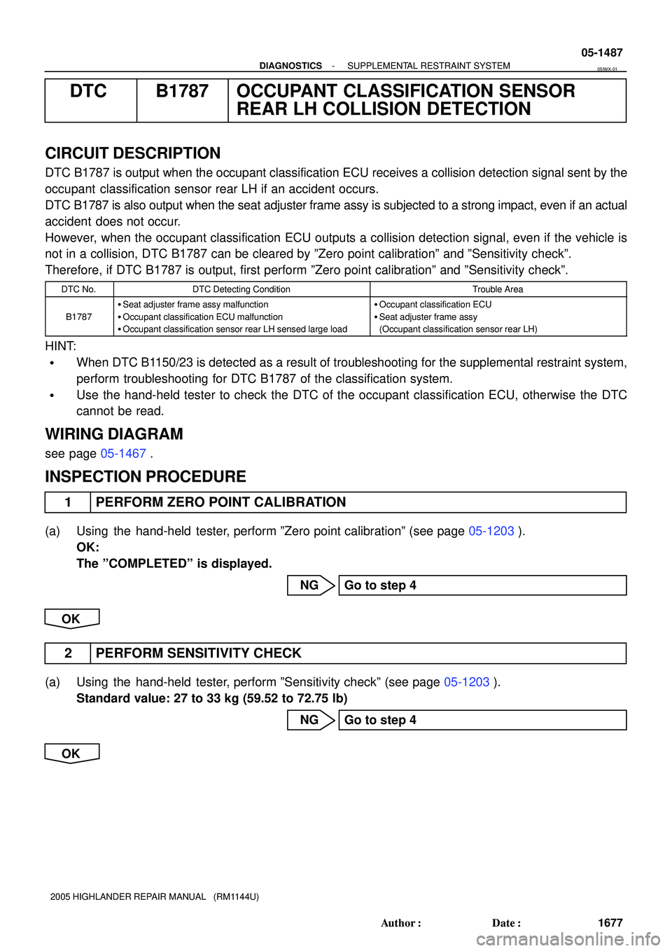 TOYOTA HIGHLANDER 2001  Service Repair Manual - DIAGNOSTICSSUPPLEMENTAL RESTRAINT SYSTEM
05-1487
1677 Author: Date:
2005 HIGHLANDER REPAIR MANUAL   (RM1144U)
DTC B1787 OCCUPANT CLASSIFICATION SENSOR
REAR LH COLLISION DETECTION
CIRCUIT DESCRIPTI