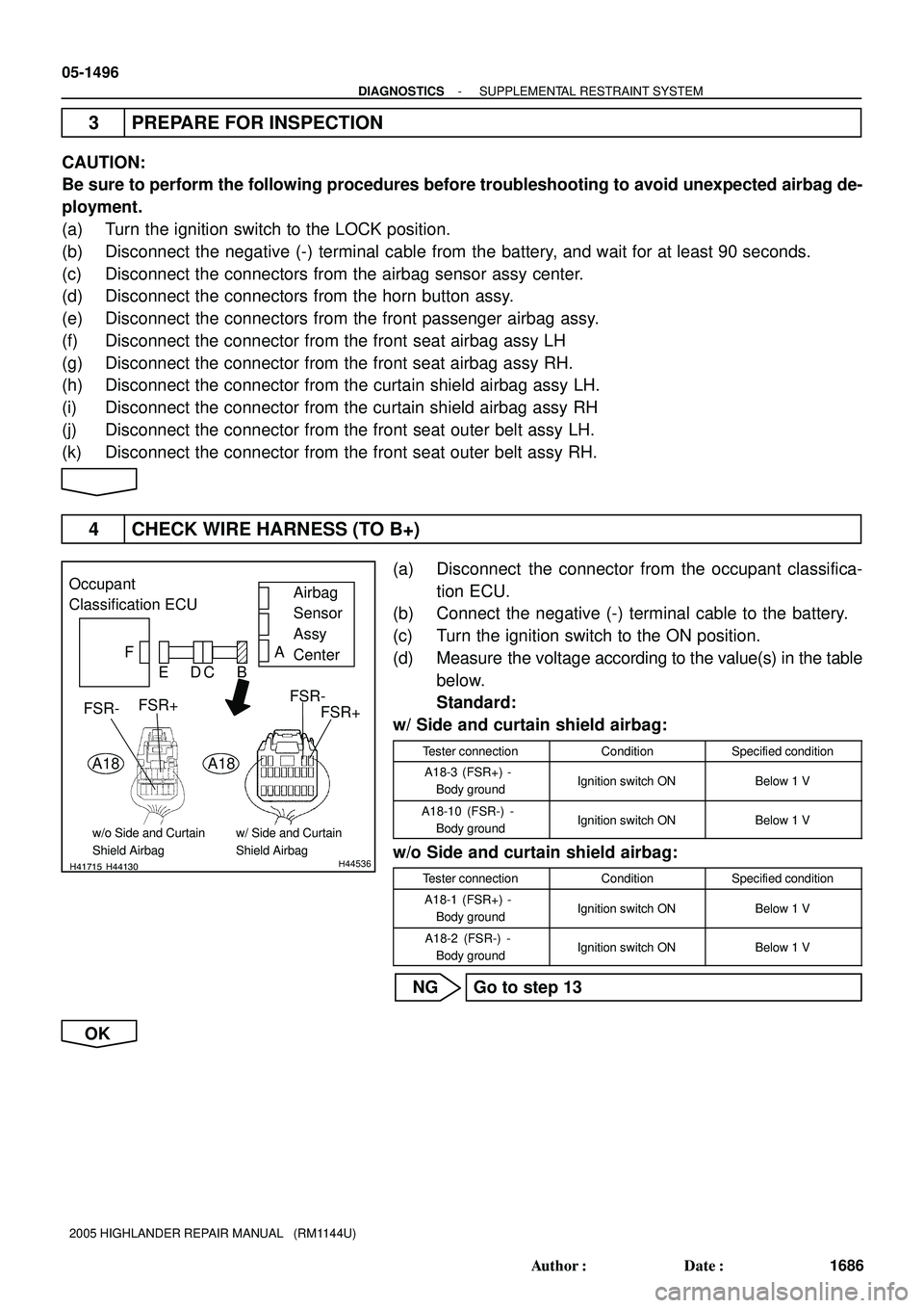 TOYOTA HIGHLANDER 2001  Service Repair Manual H41715H44130H44536
Occupant
Classification ECU
FAirbag
Sensor
Assy
Center A
FSR-
FSR+ EDCB
A18
FSR-FSR+
A18
w/ Side and Curtain
Shield Airbagw/o Side and Curtain
Shield Airbag
05-1496
- DIAGNOSTICSSUP