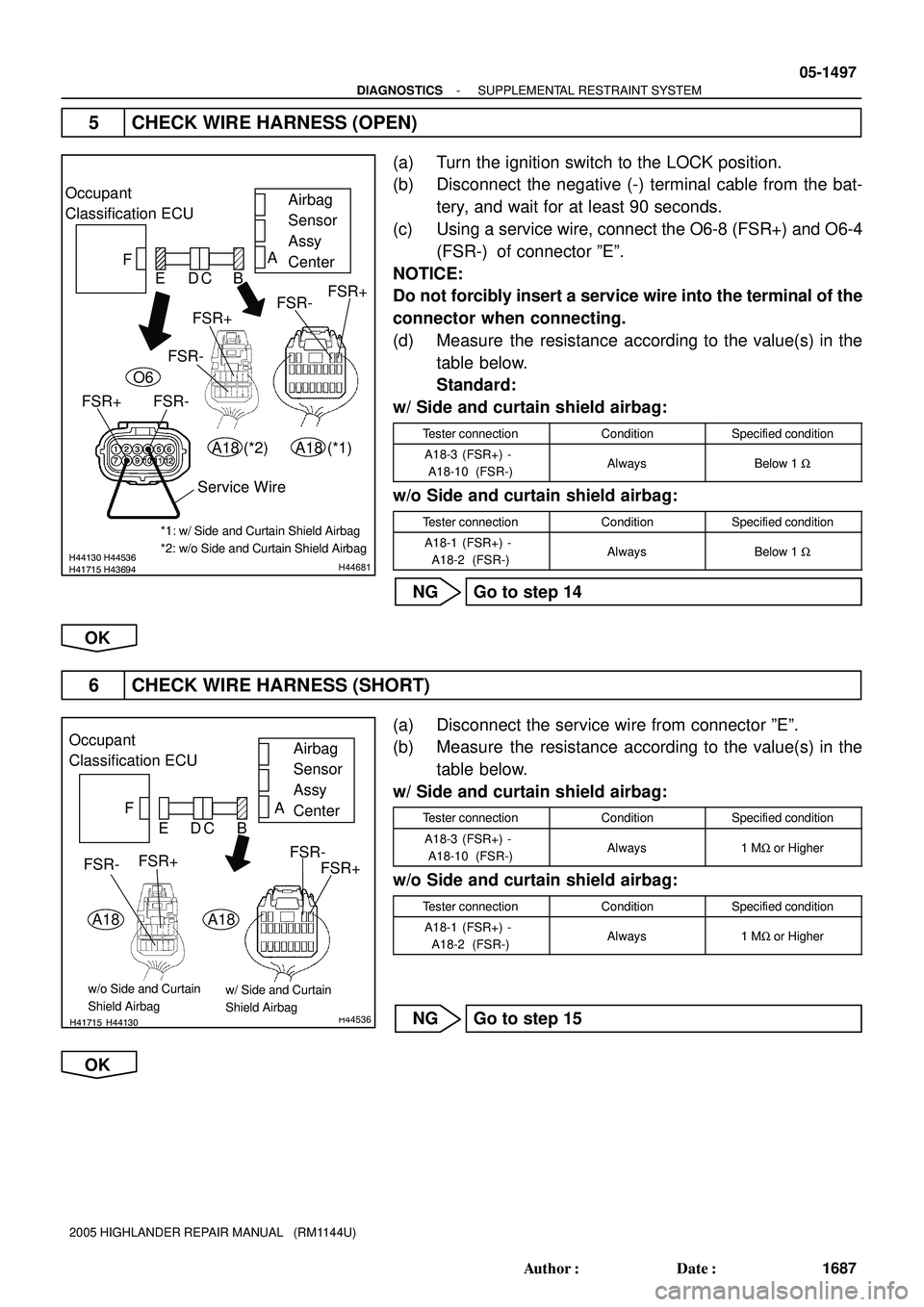 TOYOTA HIGHLANDER 2001  Service Repair Manual H41715H44130 H44536H43694H44681
Occupant
Classification ECUAirbag 
Sensor 
Assy 
Center
FSR+ F
CBA
ED
FSR-
FSR-FSR+
Service Wire
O6
A18 A18
(*1) (*2) FSR-
FSR+
*1: w/ Side and Curtain Shield Airbag
*2