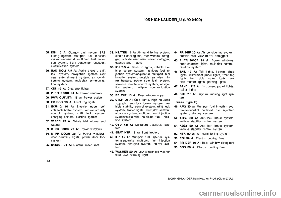 TOYOTA HIGHLANDER 2001 Service Repair Manual 05 HIGHLANDER_U (L/O 0409)
412
2005 HIGHLANDER from Nov. 04 Prod. (OM48570U)
25. IGN 10 A: Gauges and meters, SRS
airbag system, multiport fuel injection
system/sequential multiport fuel injec-
tion TOYOTA HIGHLANDER 2001 Service Repair Manual 05 HIGHLANDER_U (L/O 0409)
412
2005 HIGHLANDER from Nov. 04 Prod. (OM48570U)
25. IGN 10 A: Gauges and meters, SRS
airbag system, multiport fuel injection
system/sequential multiport fuel injec-
tion
