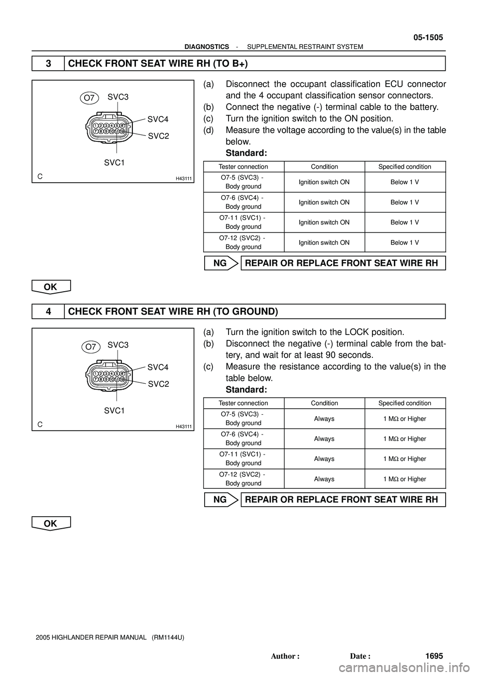 TOYOTA HIGHLANDER 2001  Service Repair Manual H43111
SVC1SVC2 SVC4 SVC3
O7
H43111
SVC1SVC2 SVC4 SVC3
O7
- DIAGNOSTICSSUPPLEMENTAL RESTRAINT SYSTEM
05-1505
1695 Author: Date:
2005 HIGHLANDER REPAIR MANUAL   (RM1144U)
3 CHECK FRONT SEAT WIRE RH (