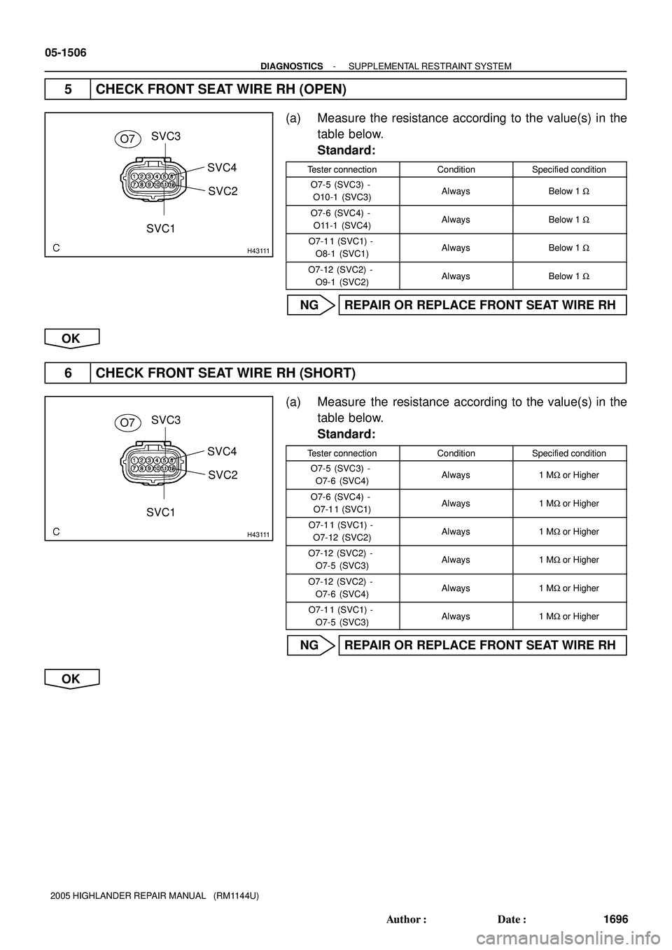 TOYOTA HIGHLANDER 2001  Service Repair Manual H43111
SVC1SVC2 SVC4 SVC3
O7
H43111
SVC1SVC2 SVC4 SVC3
O7
05-1506
- DIAGNOSTICSSUPPLEMENTAL RESTRAINT SYSTEM
1696 Author: Date:
2005 HIGHLANDER REPAIR MANUAL   (RM1144U)
5 CHECK FRONT SEAT WIRE RH (