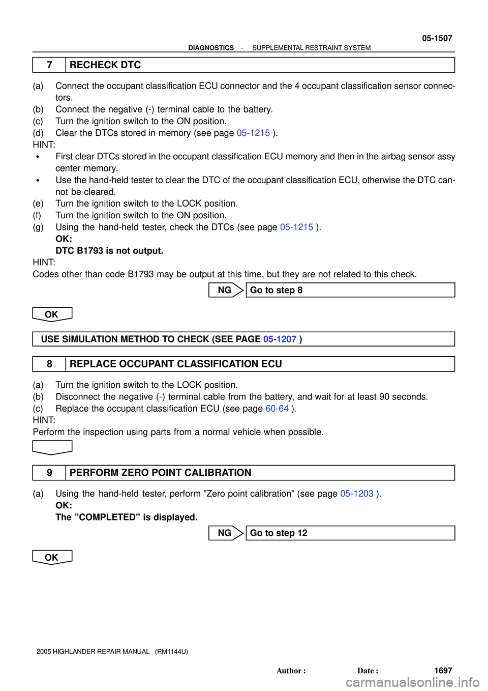 TOYOTA HIGHLANDER 2001  Service Repair Manual - DIAGNOSTICSSUPPLEMENTAL RESTRAINT SYSTEM
05-1507
1697 Author: Date:
2005 HIGHLANDER REPAIR MANUAL   (RM1144U)
7 RECHECK DTC
(a) Connect  the occupant classification ECU connector and the 4 occupan