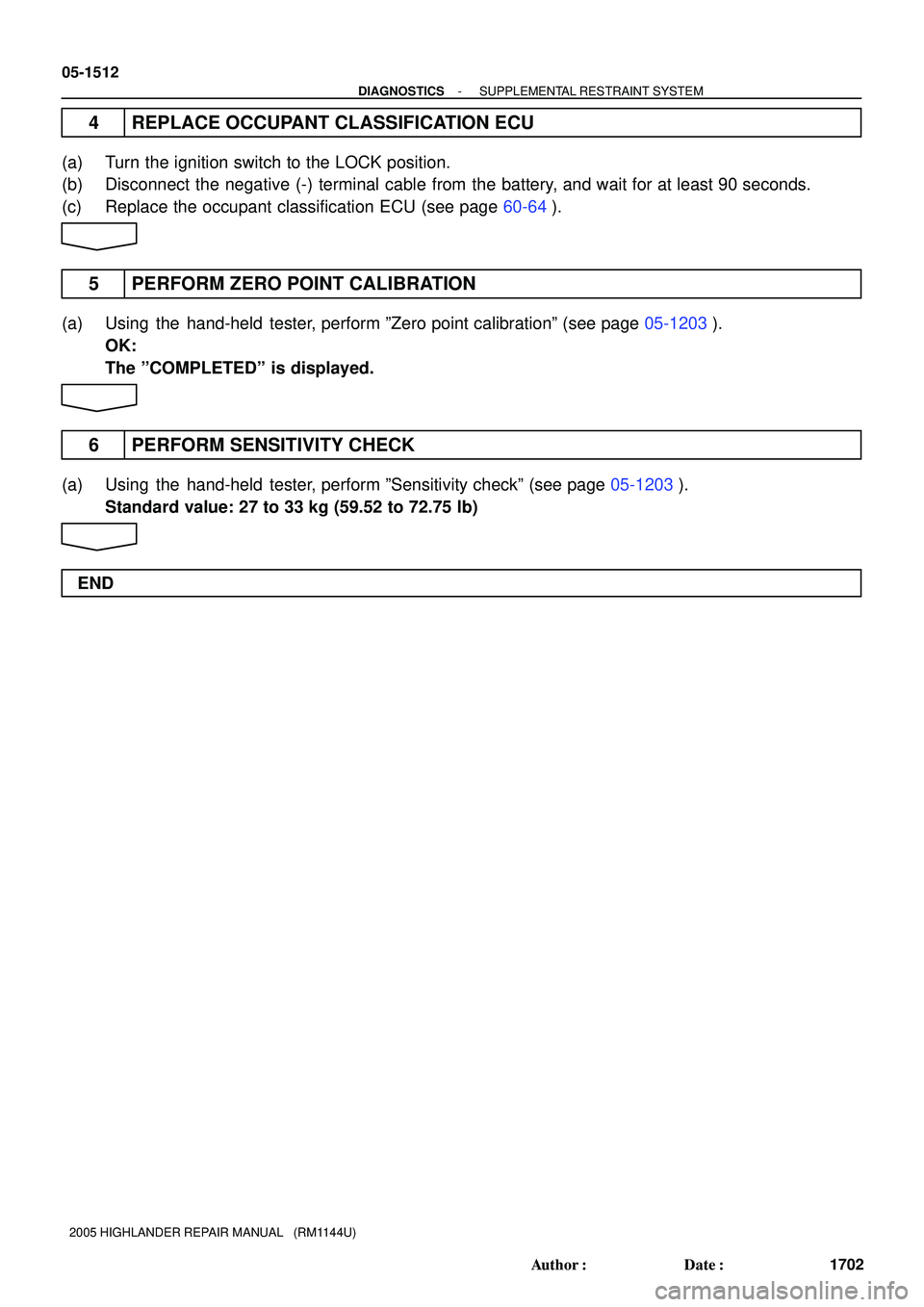 TOYOTA HIGHLANDER 2001  Service Repair Manual 05-1512
- DIAGNOSTICSSUPPLEMENTAL RESTRAINT SYSTEM
1702 Author: Date:
2005 HIGHLANDER REPAIR MANUAL   (RM1144U)
4 REPLACE OCCUPANT CLASSIFICATION ECU
(a) Turn the ignition switch to the LOCK positio