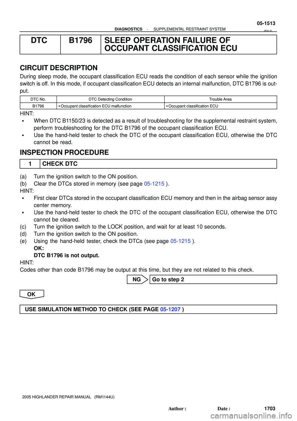 TOYOTA HIGHLANDER 2001  Service Repair Manual - DIAGNOSTICSSUPPLEMENTAL RESTRAINT SYSTEM
05-1513
1703 Author: Date:
2005 HIGHLANDER REPAIR MANUAL   (RM1144U)
DTC B1796 SLEEP OPERATION FAILURE OF
OCCUPANT CLASSIFICATION ECU
CIRCUIT DESCRIPTION
D