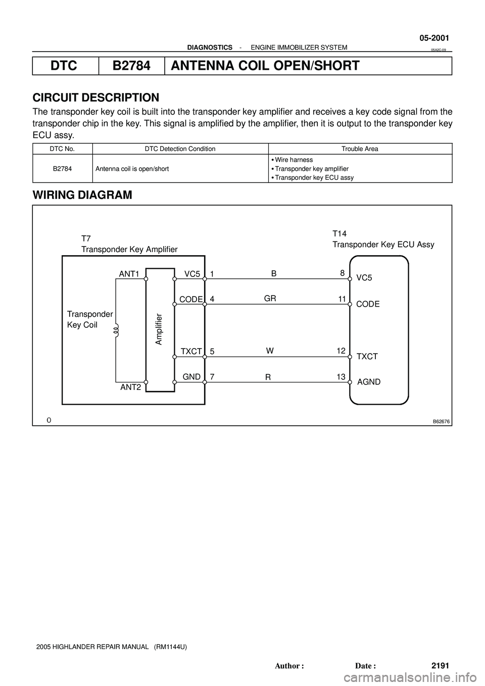 TOYOTA HIGHLANDER 2001  Service Repair Manual B62676
T7
Transponder Key AmplifierT14
Transponder Key ECU Assy
VC5
CODE
TXCT
AGND B
GR
W
R8
11
12
13 1
4
5
7 TXCT
GND
ANT2 ANT1
Transponder 
Key CoilVC5
CODE
Amplifier
- DIAGNOSTICSENGINE IMMOBILIZER